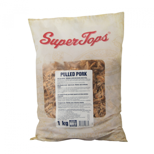 Épaule de porc marinée, cuite, effilochée et surgelée en sachet