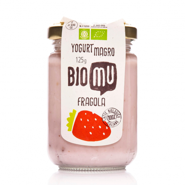 Yogurt biologico magro alla fragola, in vasetto di vetro richiudibile e 100% riciclabile venduto da Orobica Food