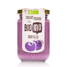 Yogurt biologico magro al mirtillo in vasetto di vetro richiudibile e 100% riciclabile venduto da Orobica Food